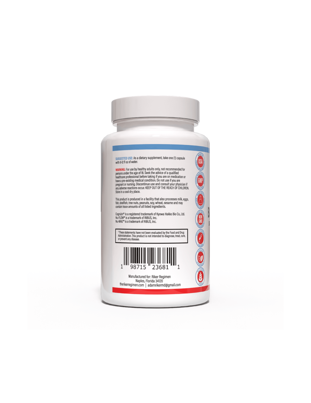 BRAINI-ACTIVE cognitive support supplement, left side, by The Riker Regimen for focus, memory, and brain health.