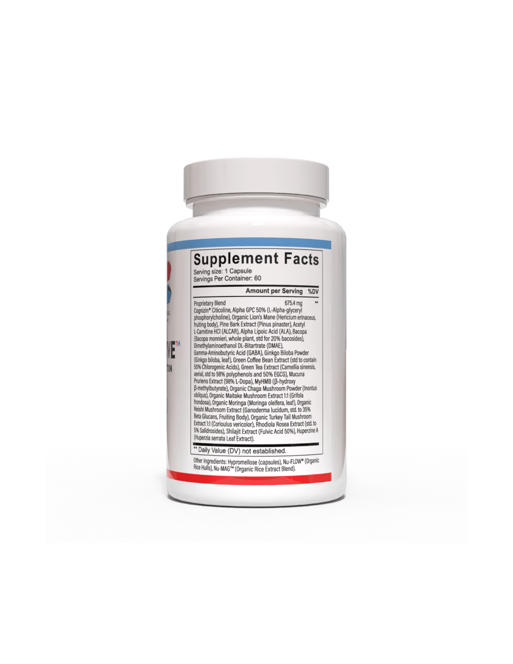 BRAINI-ACTIVE cognitive support supplement, right side, by The Riker Regimen for focus, memory, and brain health.