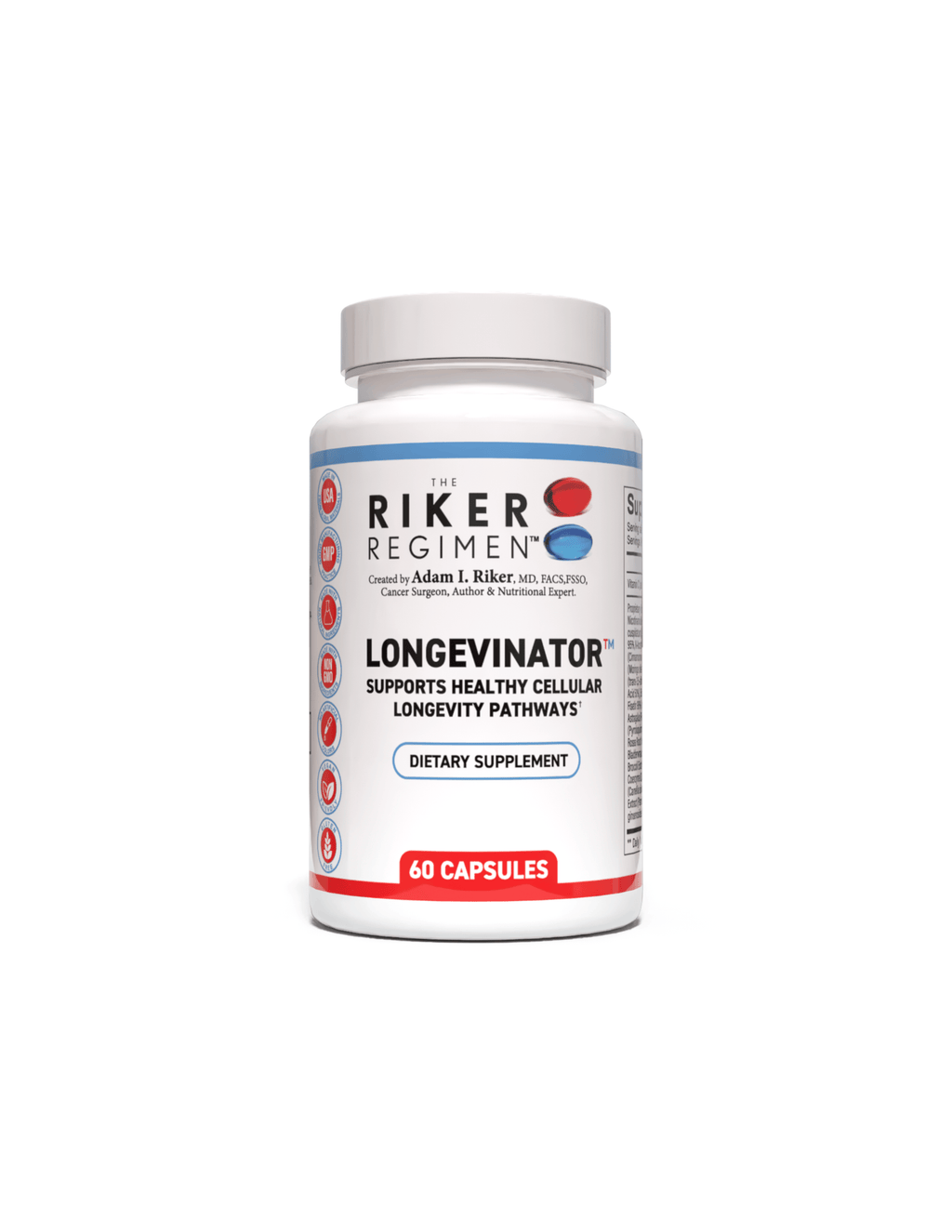 LONGEVINATOR longevity and anti-aging supplement bottle from The Riker Regimen.