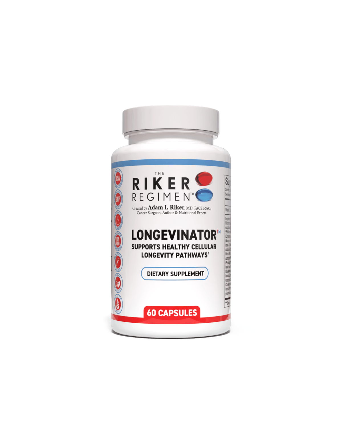 LONGEVINATOR longevity and anti-aging supplement bottle from The Riker Regimen.