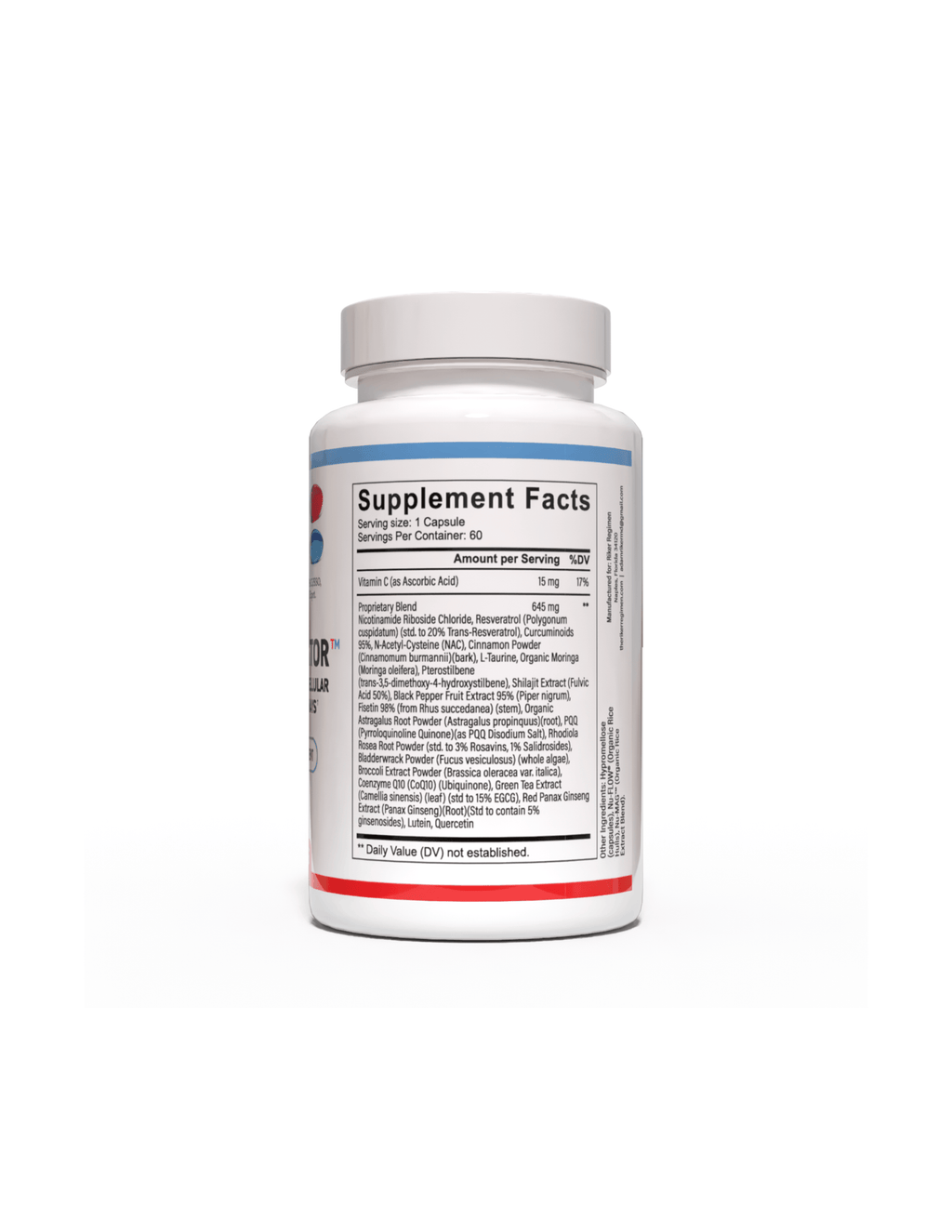 LONGEVINATOR longevity and anti-aging supplement bottle, right view, from The Riker Regimen.
