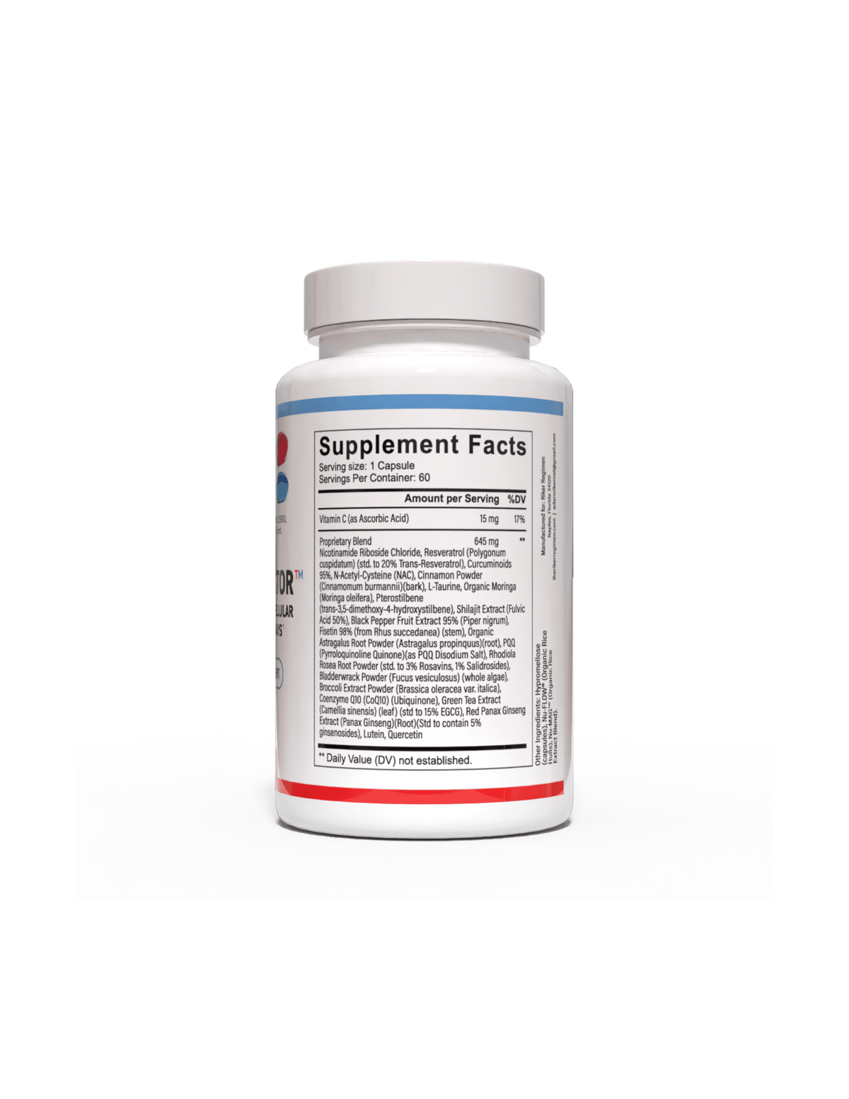 LONGEVINATOR longevity and anti-aging supplement bottle, right view, from The Riker Regimen.