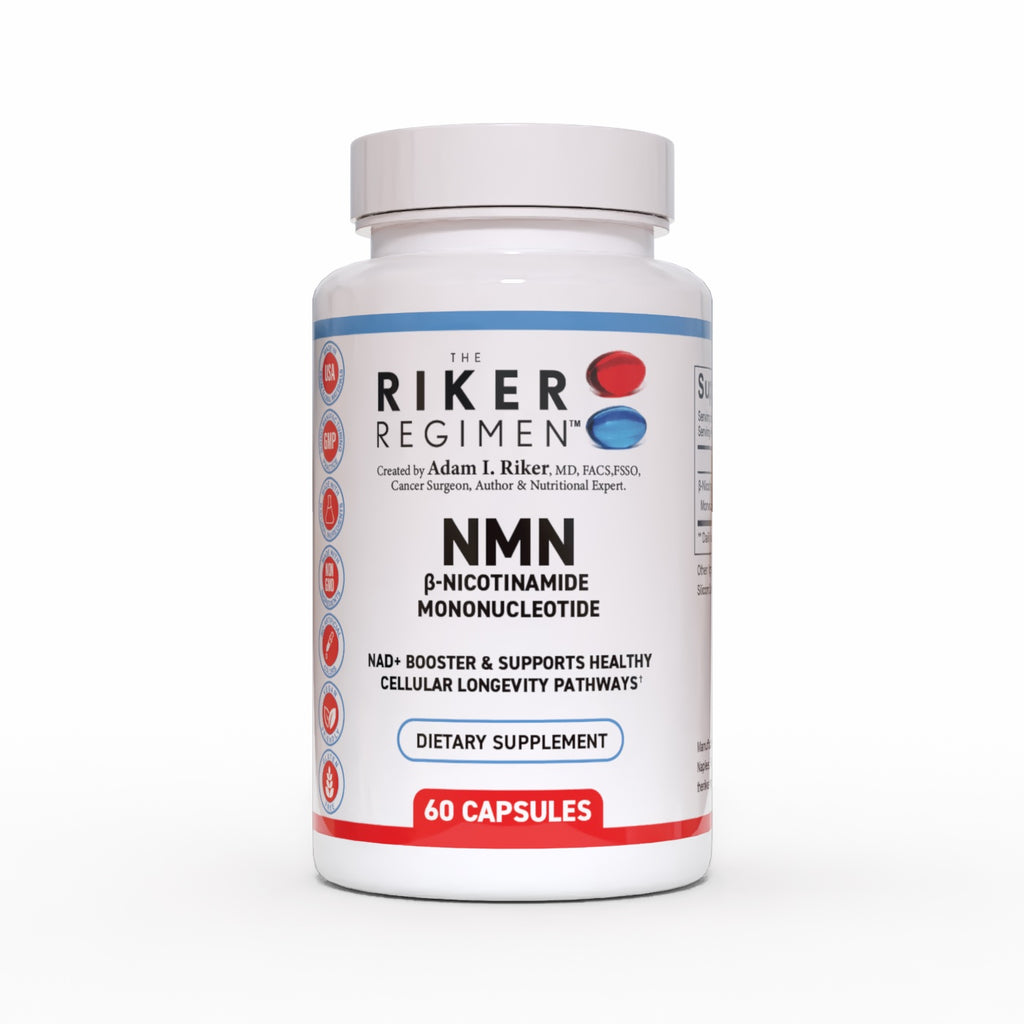 NMN nicotinamide mononucleotide supplement bottle by The Riker Regimen for NAD+ levels, cellular energy and healthy aging support.