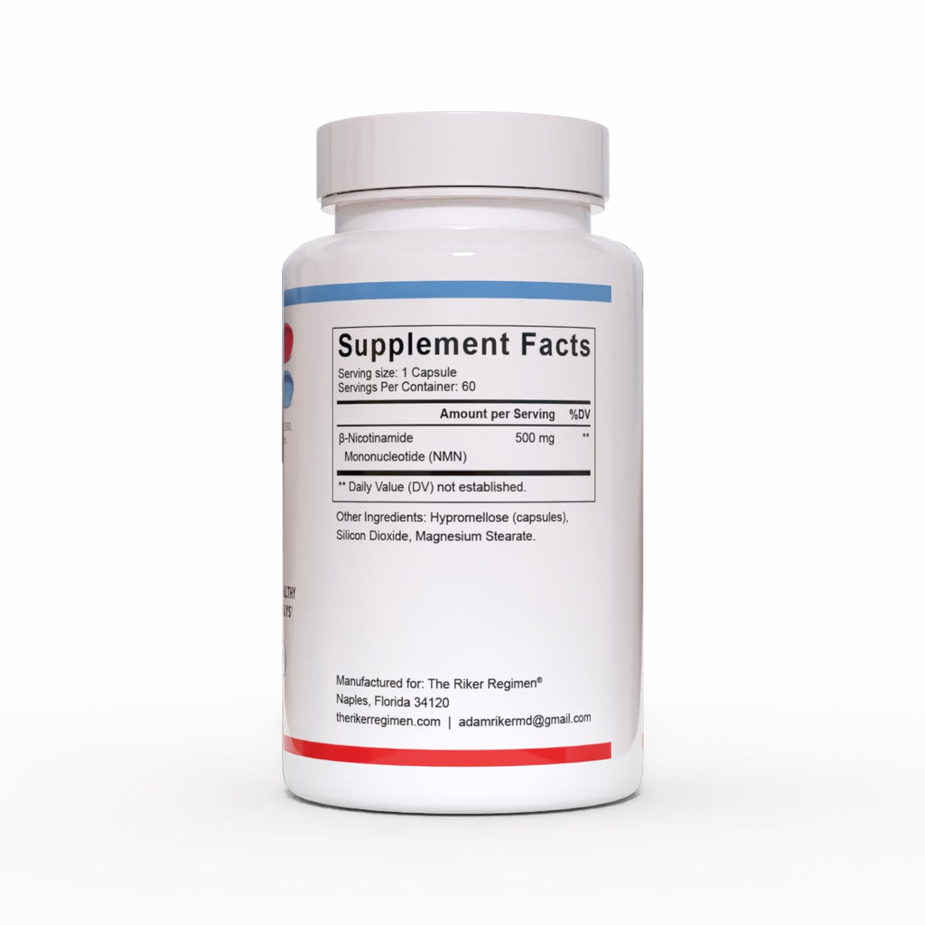 NMN nicotinamide mononucleotide supplement bottle by The Riker Regimen for NAD+ levels, cellular energy and healthy aging support.