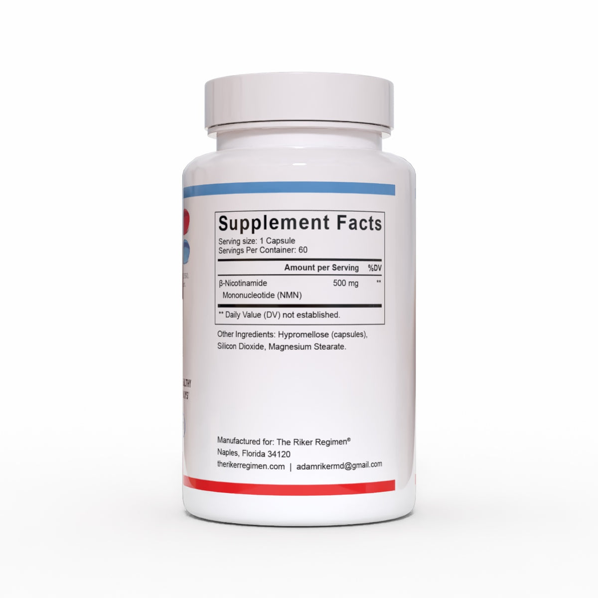 NMN nicotinamide mononucleotide supplement bottle by The Riker Regimen for NAD+ levels, cellular energy and healthy aging support.