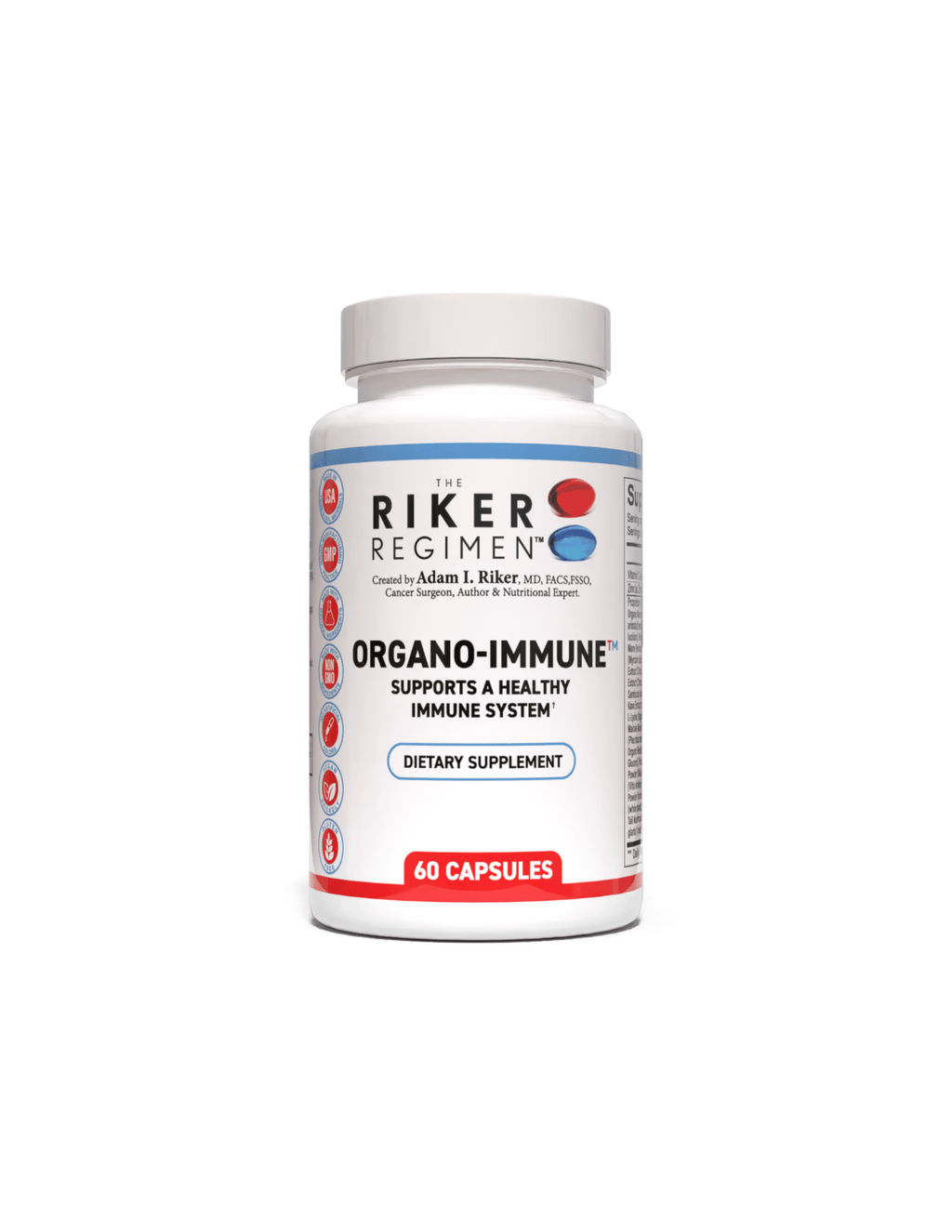 ORGANO-IMMUNE supplement bottle by The Riker Regimen for healthy immune function and natural immune defense support.