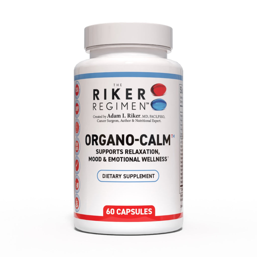 ORGANO-CALM stress relief and relaxation supplement bottle by The Riker Regimen.