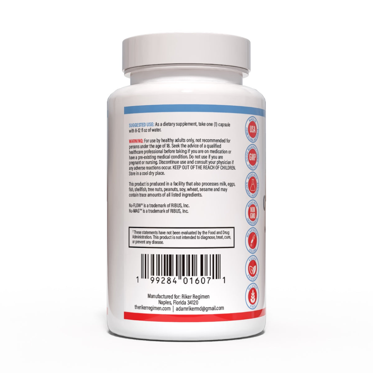 ORGANO-CALM stress relief and relaxation supplement bottle, left view, by The Riker Regimen.
