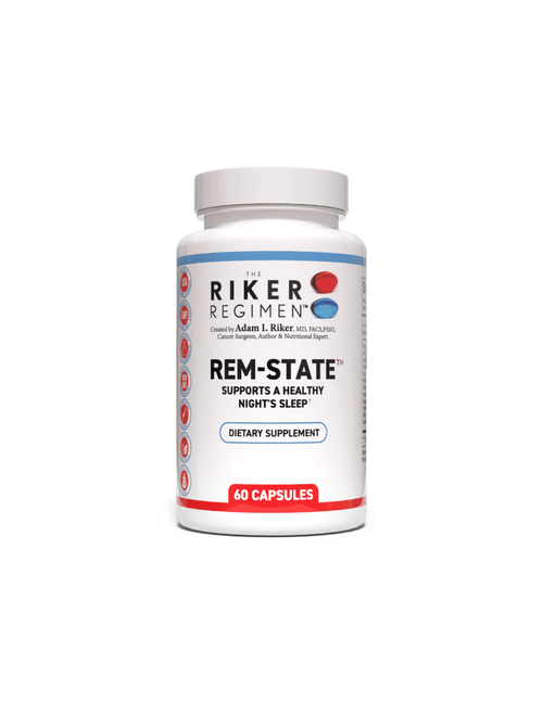 REM-STATE natural sleep aid supplement bottle from The Riker Regimen for restful sleep and recovery.
