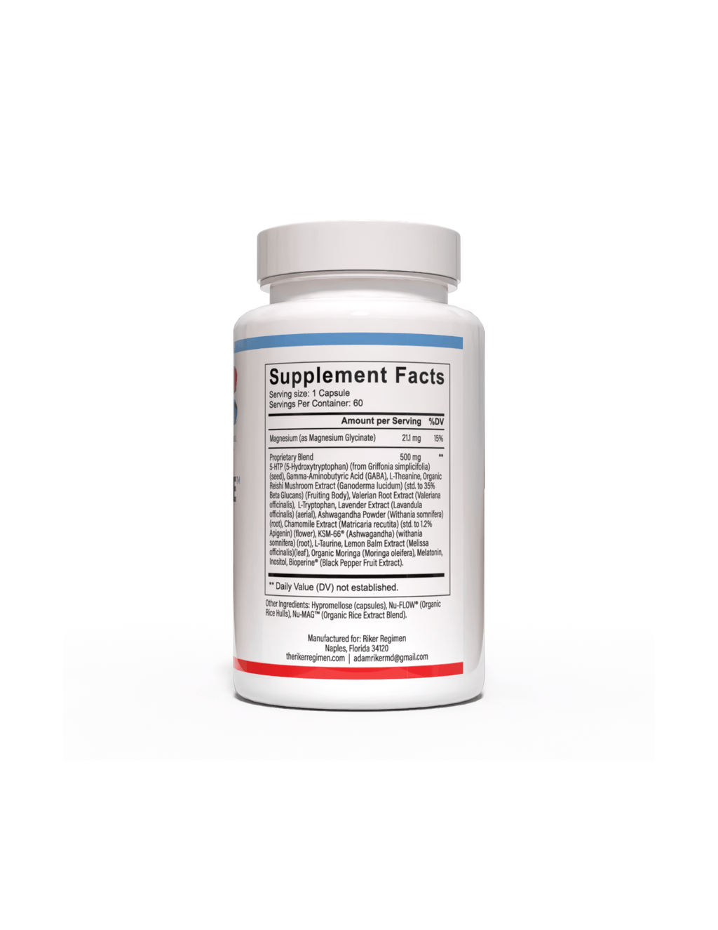 REM-STATE natural sleep aid supplement bottle, right side, from The Riker Regimen for restful sleep and recovery.