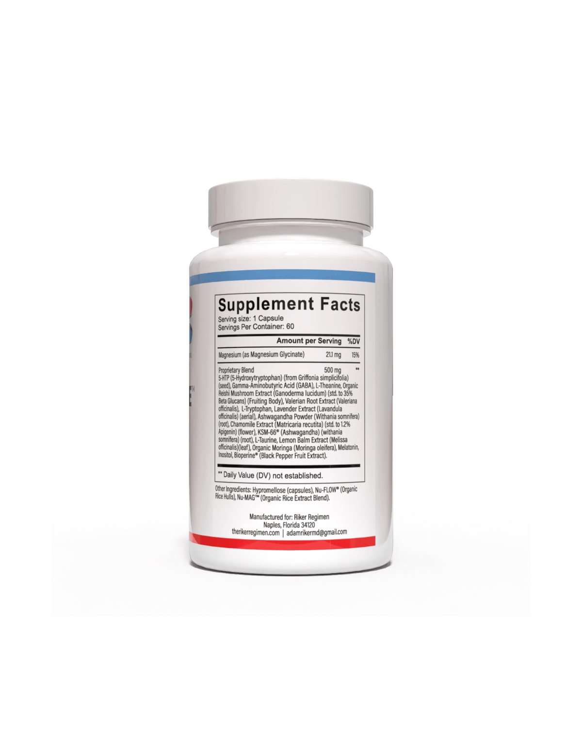 REM-STATE natural sleep aid supplement bottle, right side, from The Riker Regimen for restful sleep and recovery.